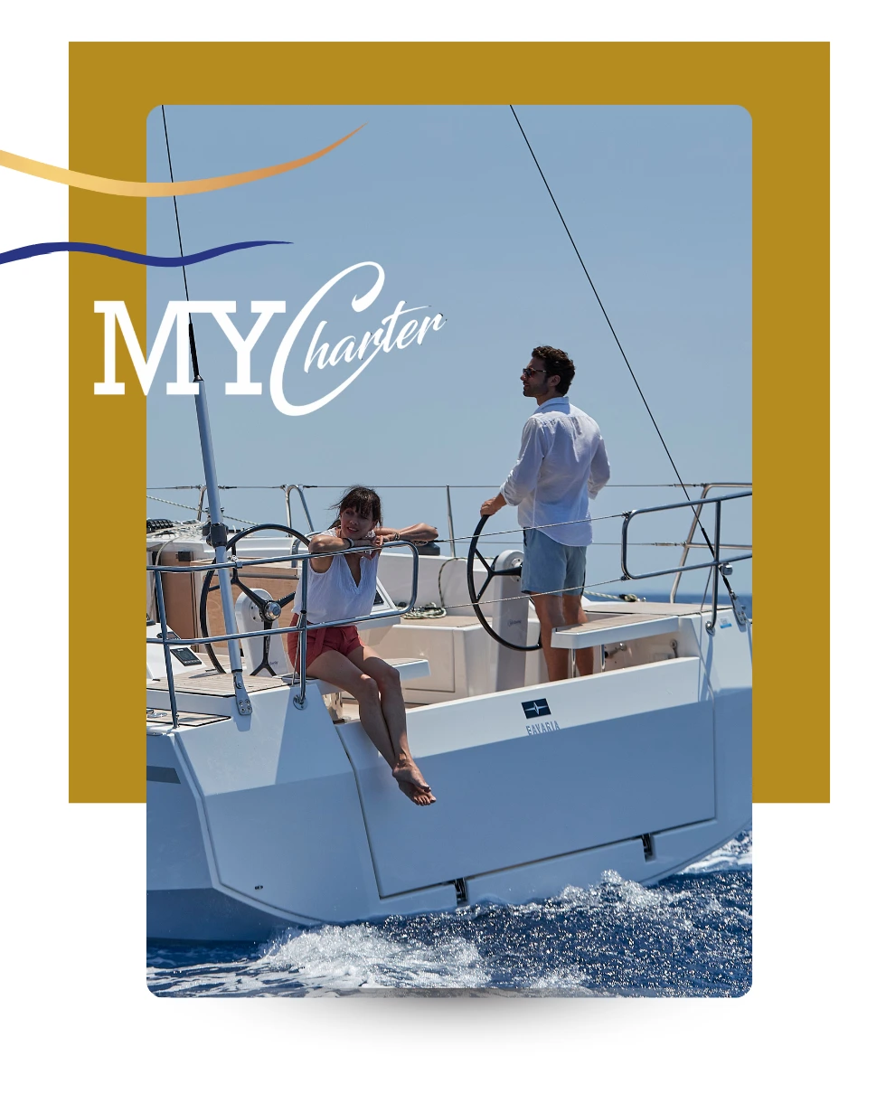 Coppia a bordo del Bavaria C38 sotto il sole, programma MYSharing